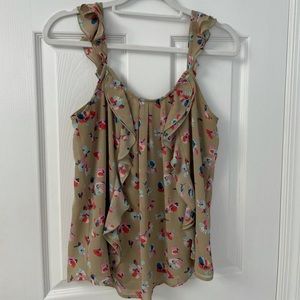 Tan Floral Sleeveless Ruffled Blouse